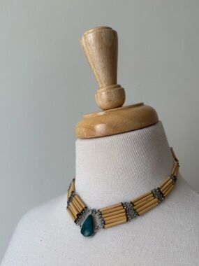 Vintage Bone Style Bead & Turquoise Teardrop Statement Necklace